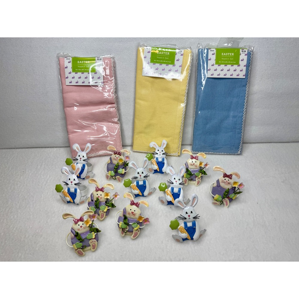 Easter Napkin Set and Bunny Napkin Rings 12pc Pink Yellow Blue 18x18‎ NEW
